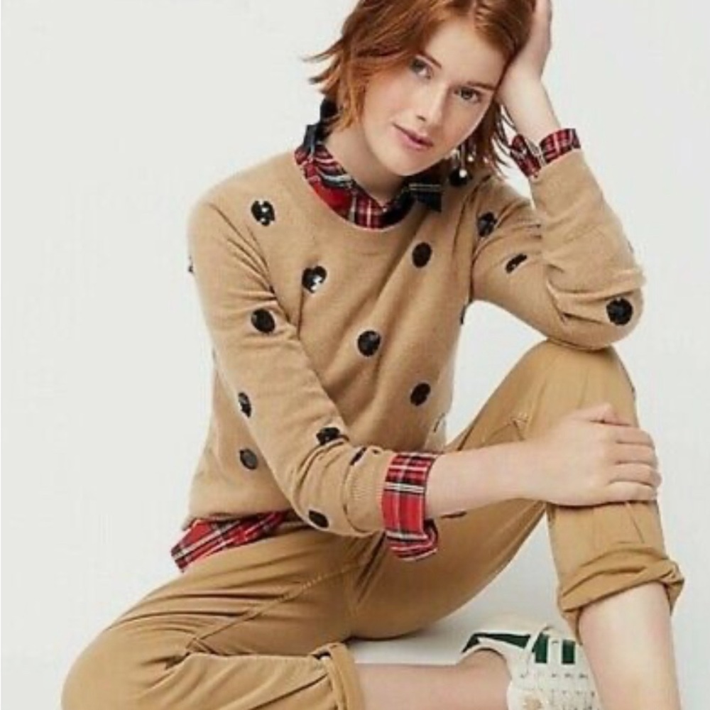 J. Crew Tan Polka Dot Sweater with Black Dots